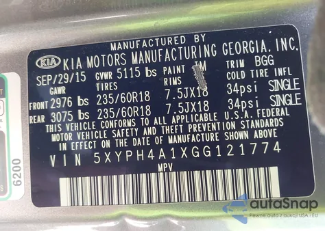 2016 Kia Sorento 2.0T Ex z USA, uszkodzony, nr VIN 5XYPH4A1XGG121774